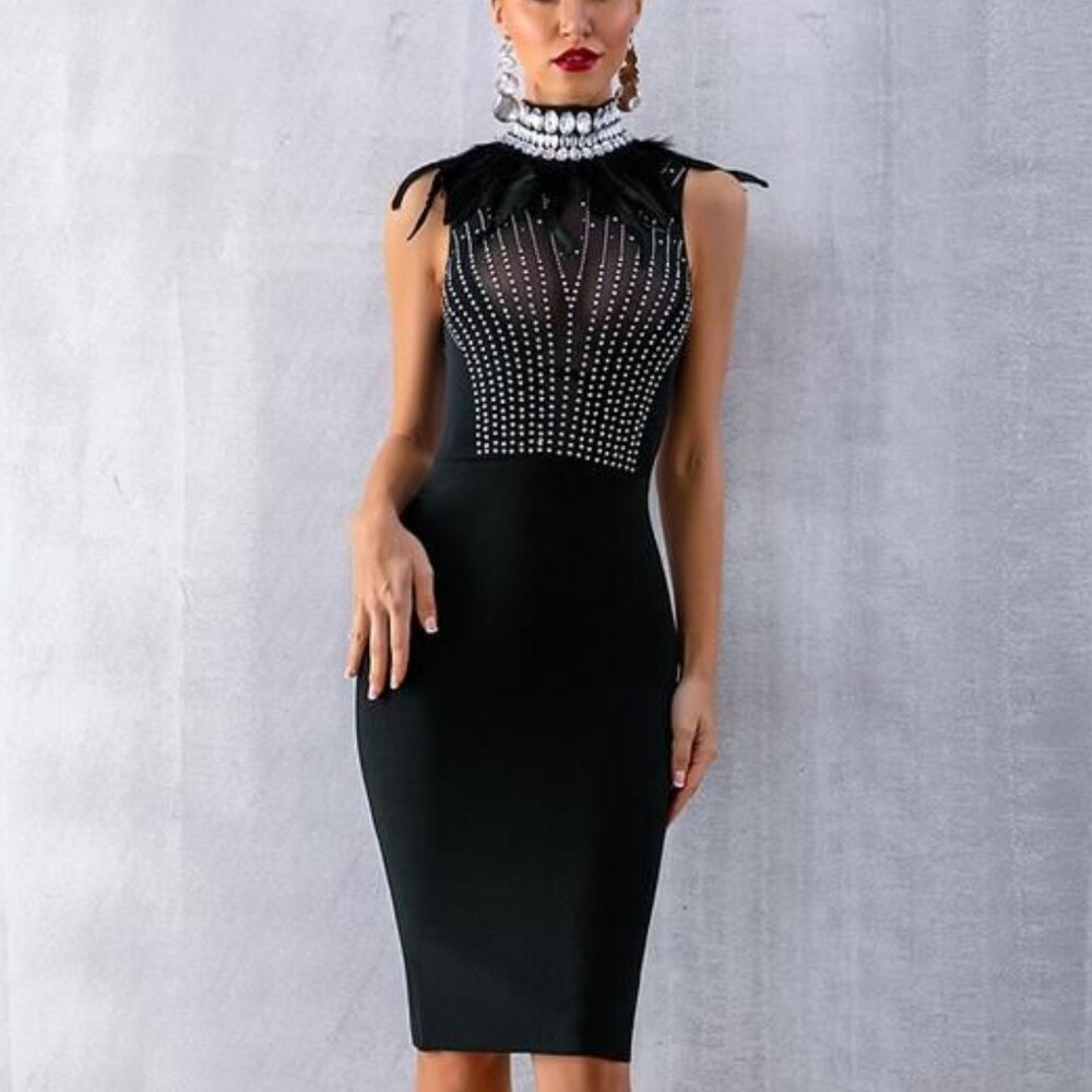 Glamorous Rhinestone High Collar Feather Beaded Bandage Dress Sculpted Sheath